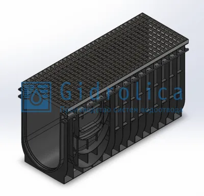 Комплект Gidrolica Light (Лайт): лоток водоотводный ЛВ-30.38.55 - пластиковый c решеткой РВ -30.37.100 ячеистой стальной оцинкованной, кл. А15