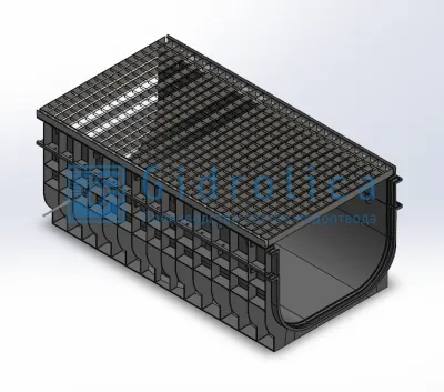 Комплект Gidrolica Light (Лайт): лоток водоотводный ЛВ-50.55.43,5: - пластиковый c решеткой РВ -50.55.100 ячеистой стальной оцинкованной, кл. А15